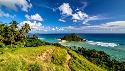 Obraz premium Lush tropical island vista turquoise water, palm trees, grassy hills, & blue sky dotted with fluffy white clouds