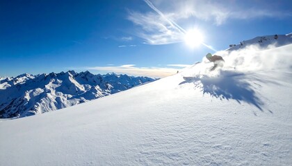 Sunny alpine mountain ridge covered in fresh snow beneath bright blue winter sky