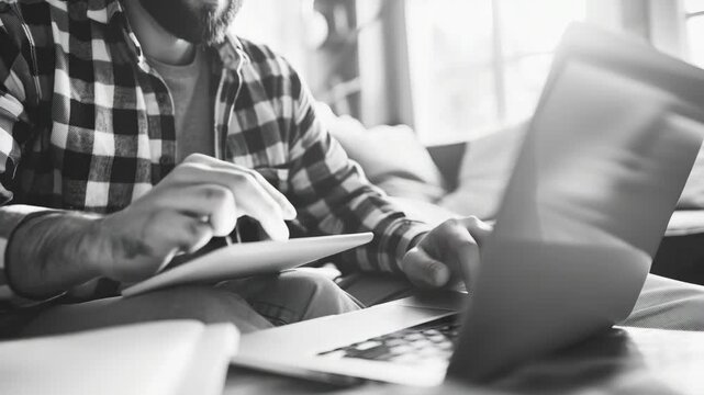 Man uses tablet while working on laptop. Hands move between devices with focus. Soft light highlights calm workspace. Black and white adds timeless feel. Relaxed posture suggests comfort