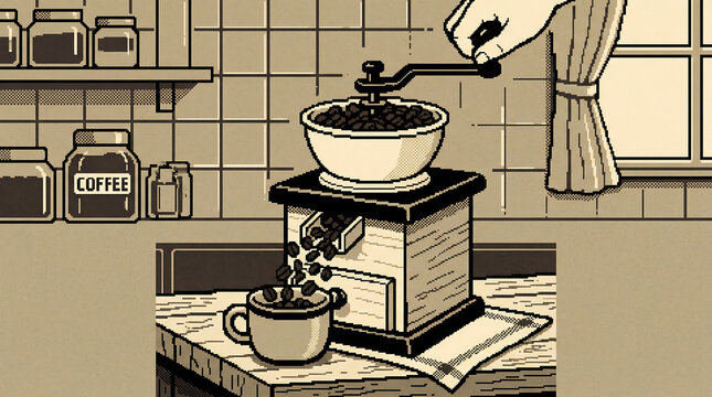 Pixel art illustration of a manual coffee grinder in a kitchen. Hand turning crank to grind beans into a cup. Retro sepia style vintage aesthetic