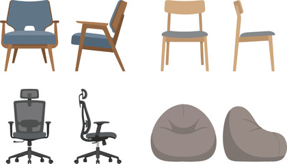 Blue Cushion Wooden Minimalist Design, Modern Angle Seat, Black Office Swivel Chair, Gray Beanbag Seating in Studio View