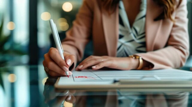 Woman in pink blazer signs document with red pen. Hands steady, focused on paperwork. Office desk reflects soft bokeh background. Professional demeanor, calm, precise motion