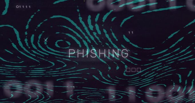 Central word glitching into PHISHING while binary and teal ridges amplifying cybersecurity alert