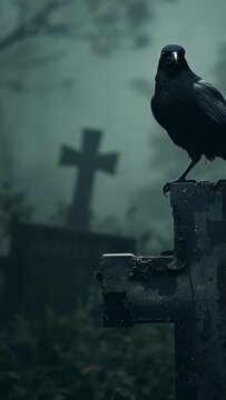 Vertical video: Moving raven facing lens with frames running on stone cross at cemetery, copy space