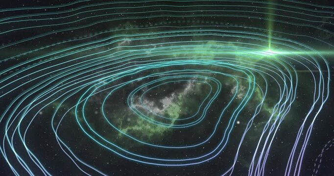 Cyan contour rings and nebula responding to green flare beam sweeping rings rippling showing energy