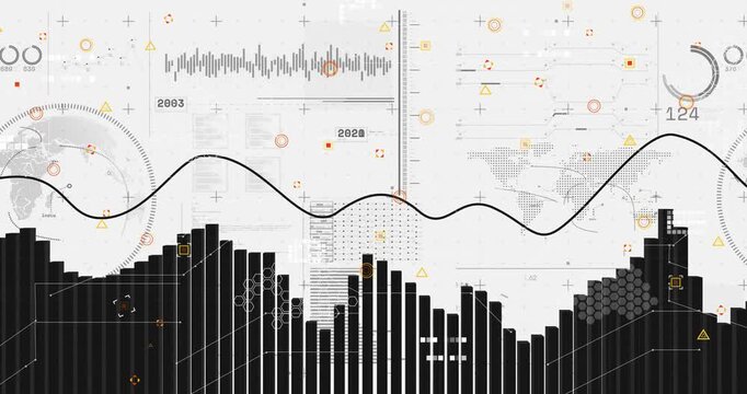 Black bar histogram rising and shifting after arrow sweep, visualizing finance trend with globe