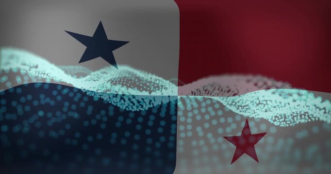 Small dotted wave appearing, Panama flag filling frame, turquoise mesh rolling, visualizing depth