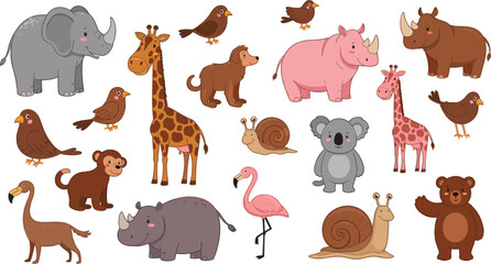 Cute Cartoon Zoo Animals Vector Collection with Elephant Giraffe Rhino Flamingo Koala Monkey Pig Bear and Birds © Daloara PNG Store