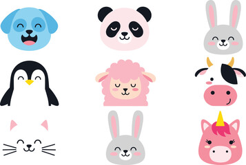 Obraz premium Cute Animal Face Icon Set with Dog Panda Rabbit Penguin Sheep Cow Cat and Unicorn Cartoon Vector