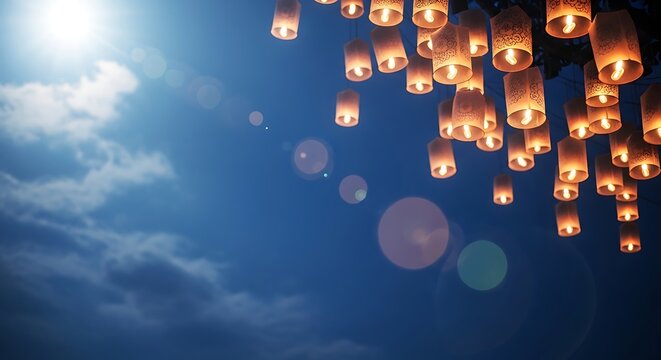 Many paper lanterns flying in the evening sky with clouds