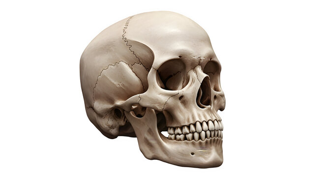 Human skull isolated on transparent background side view of a beige cranium