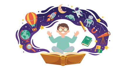 Boy reading book with science and imagination elements illustration © StockStudio