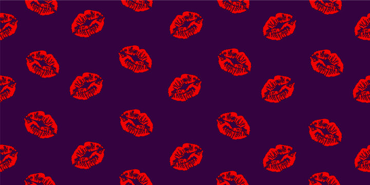 Seamless pattern with bright lipstick kiss marks on purple background