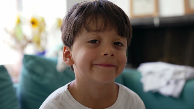 Young boy smirking playfully at camera, confident expression, cheeky smile, childhood charm, engaging eye contact, relaxed indoor setting, cozy home background