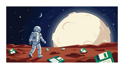 Astronaut exploring red planet with vintage floppy disks under a starry sky and moon © StockStudio