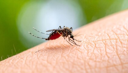 Mosquito feeding on skin, visible blood. Green bokeh background. Macro view of insect and skin texture