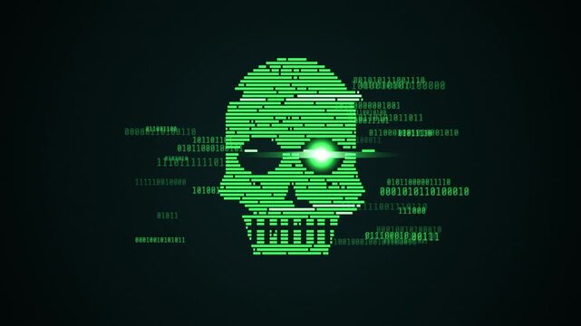 3D animation of a skull with glowing eye and binary code in a dark environment from a frontal viewpoint