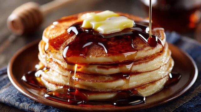 Delicious pancakes are stacked high and dripping with syrup in a cozy kitchen setting