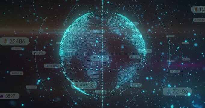 teal globe forming from sparse dots, rotating while helix forming and data drifting, showing data