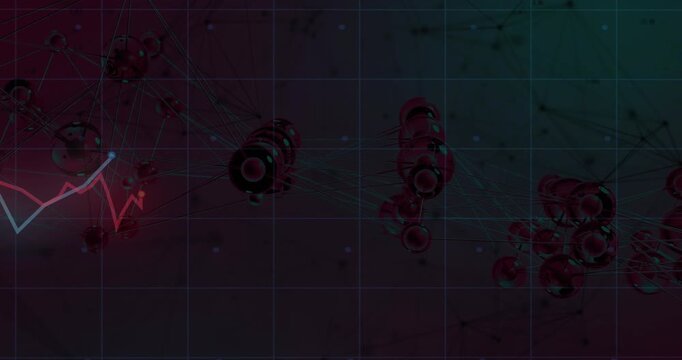 Neon jagged line appearing left, causing bubble node clusters drifting, rotating, showing data