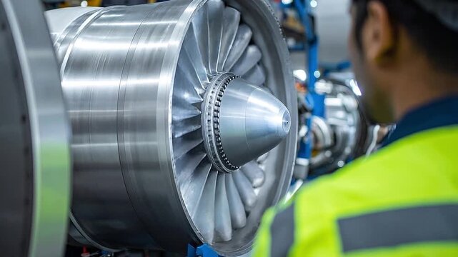 Turbine Efficiency: Aerospace engineer inspecting titanium turbine blade in maintenance area
