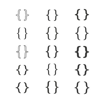 Set of diverse black brace brackets for programming and typography on an isolated white background