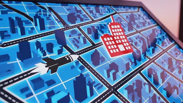 Animated rocket icon on digital city map, navigating to a highlighted building. Visualizes advanced location tracking, strategic urban planning, and simulation technology