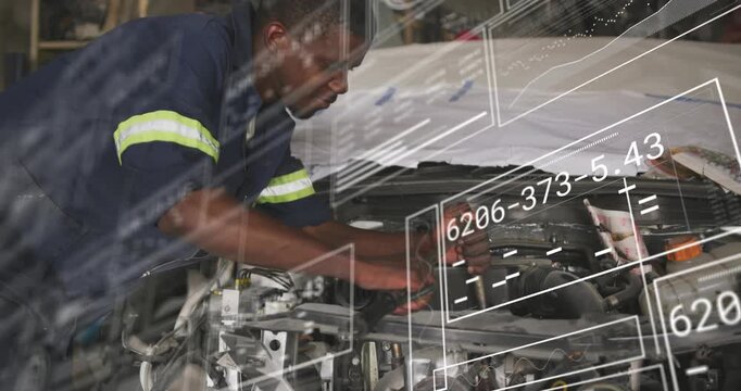 Male mechanic placing hands into engine bay, turning bolt for repair while graphics highlight parts