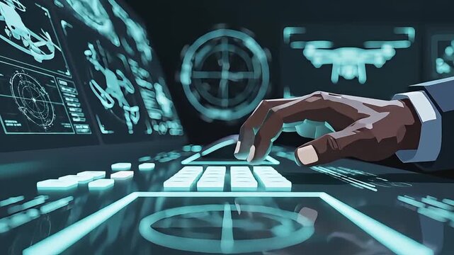 An operator's hand expertly engaging with a futuristic digital interface, navigating complex data on multiple screens within an advanced control room, showcasing high-tech operational management