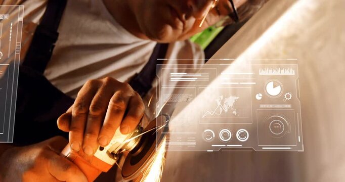 Worker holding grinder on metal making sparks while HUD overlays tracking grinder motion for prep