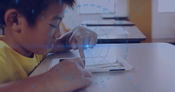 Male student tapping tablet, initiating learning, raising head, smiling while blue overlay rotating