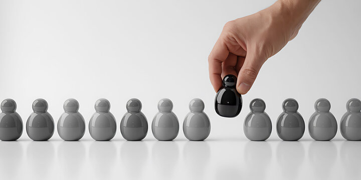 Hand selecting a single black figure from a line of identical gray figures representing differentiation