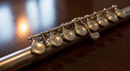 Obraz premium A close-up shot of a silver musical instrument with intricate keys, placed on a wooden surface