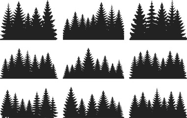 Collection of pine forest silhouette borders isolated on light background, evergreen tree landscape set, nature woodland skyline elements for design, vector illustration