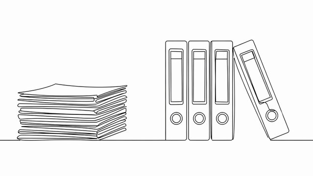 A simple line drawing of office supplies including a stack of papers and binders on transparent background