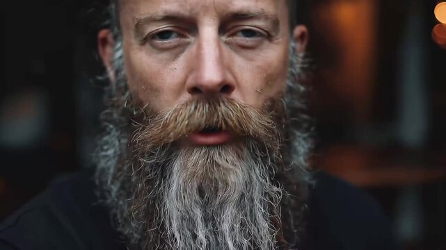 Man with long beard and blue eyes looks directly at the camera, showing detail of facial hair and expression in a dimly lit space