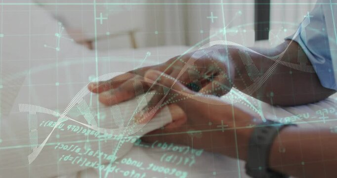 Caregiver noticing dry skin, wiping patient hands with wipe for health, DNA overlay mapping vitals