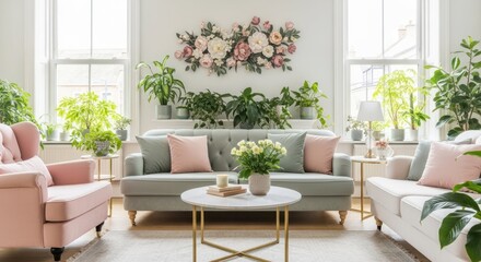 Fototapeta premium Serene Living Room: A light-filled living room exudes tranquility, adorned with elegant pastel furnishings, lush greenery, and natural light, creating a haven of calm and sophistication.