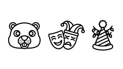 Fototapeta premium Set of icons for entertainment and holidays: cute groundhog face, theater masks (comedy and tragedy), and party hat with lights. Fun line art.