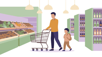 Father and son grocery shopping in a supermarket, pushing a cart © StockStudio