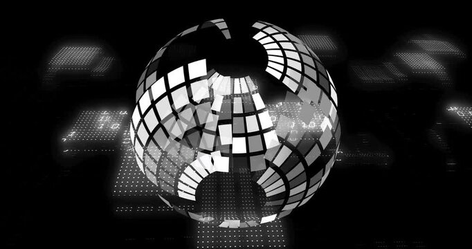 Hovering bands starting spin, rotating mosaic sphere forming, breaking, joining, showing data grid