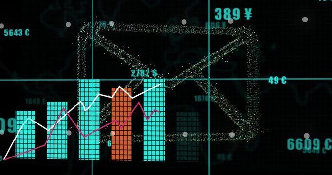 Incoming market data driving Japan particle map pulsing across teal grid, aligning &yen; and charts