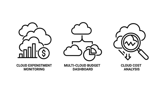 Cloud computing icons: cost monitoring, multi-cloud budget dashboard, and cloud cost analysis for IT finance management.