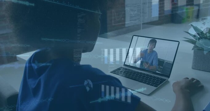 Viewer reaching for mouse, host talking, data overlays rising across laptop and viewer for training