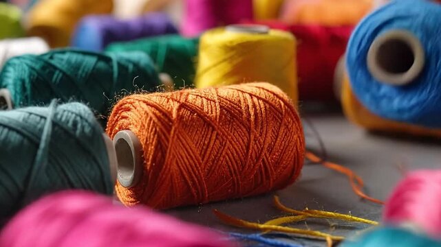 Colorful spools of thread arranged on a dark background, showcasing various vibrant hues and textures.