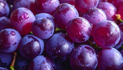 Fototapeta premium Plump, purple grapes cluster, glistening with water droplets, creating a vibrant & inviting texture