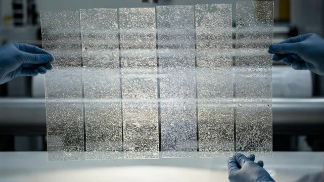 Medium shot showing random sampling of backlit coated sheets with visible pinholes highlighting quality control measures and defect detection in production lines.