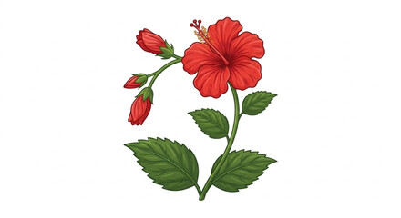 Red hibiscus flower vector with leaves isolated © Yuzma