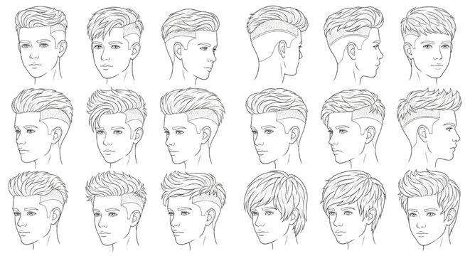 Boys Hairstyle Line Art Set, Short Medium Long Haircuts Black White Outline