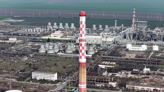 Aerial drone view to oil refinery plant for primary and deep oil refining. Lukoil, Eastern Europe, Burgas, Bulgaria